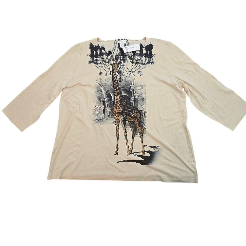 CHICO'S 3/4 Sleeve Giraffe Sequin Beaded Top Front/Back Graphics, size 3 (Large)